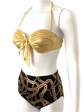 Vintage 70s Pin Up two pieces bikinis high waist black & gold metallic